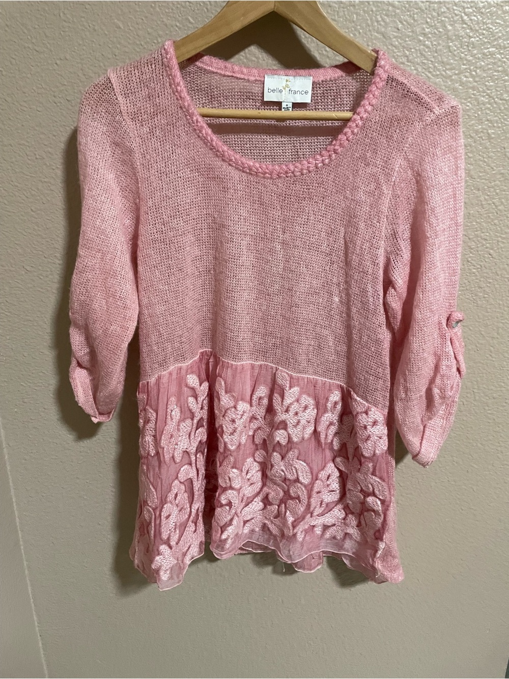 Belle France Pink Floral wool silk Knit Mixed-Media Sweater